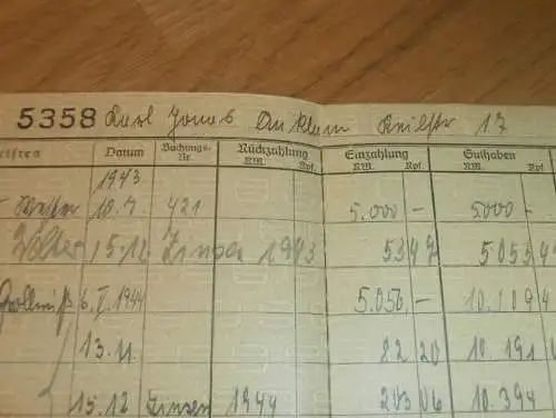 altes Sparbuch Anklam ,1943 - 1945 , Karl Jonas in Anklam i. Mecklenburg , Sparkasse , Bank !!!