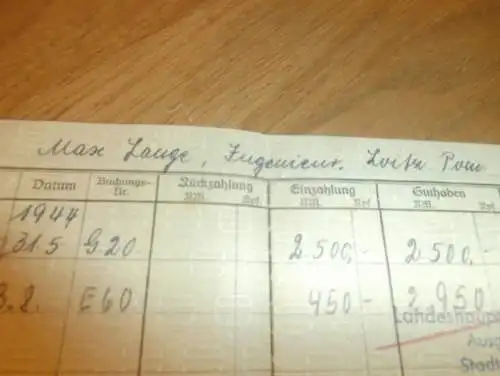 altes Sparbuch Grimmen ,1944 - 1951 , Ingenieur Max Lange in Loitz i. Mecklenburg , Sparkasse , Bank !!!