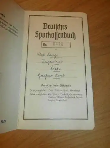 altes Sparbuch Grimmen ,1944 - 1951 , Ingenieur Max Lange in Loitz i. Mecklenburg , Sparkasse , Bank !!!