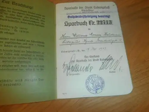 altes Sparbuch ,1943 - 1949 , Ludwigslust , Hauptmann Waldemar Nowarre , Mecklenburg , Sparkasse , Bank !!!