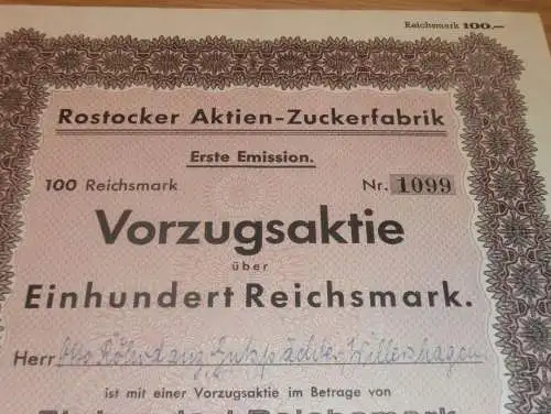 Aktie der Zuckerfabrik Rostock 1941 , Gutspächter Otto Röhrdanz in Willershagen b. Gelbensande , Mecklenburg !!!