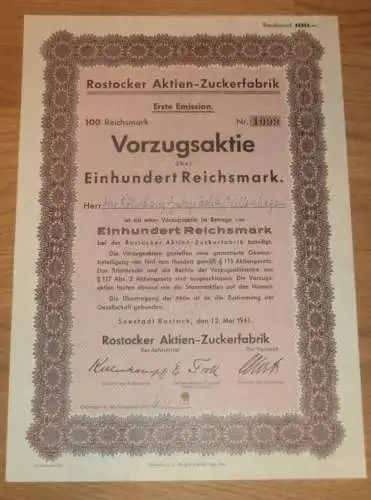 Aktie der Zuckerfabrik Rostock 1941 , Gutspächter Otto Röhrdanz in Willershagen b. Gelbensande , Mecklenburg !!!