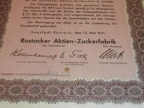 Aktie der Zuckerfabrik Rostock 1941 , Gutspächter Otto Röhrdanz in Willershagen b. Gelbensande , Mecklenburg !!!
