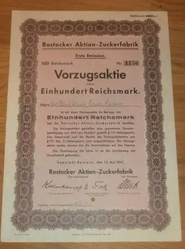 Aktie der Zuckerfabrik Rostock 1941 , Heinz Schulz , Bauer in Pastow , 100 RM , Mecklenburg !!!