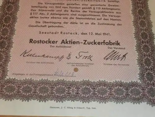 Aktie der Zuckerfabrik Rostock 1941 , Heinz Schulz , Bauer in Pastow , 100 RM , Mecklenburg !!!