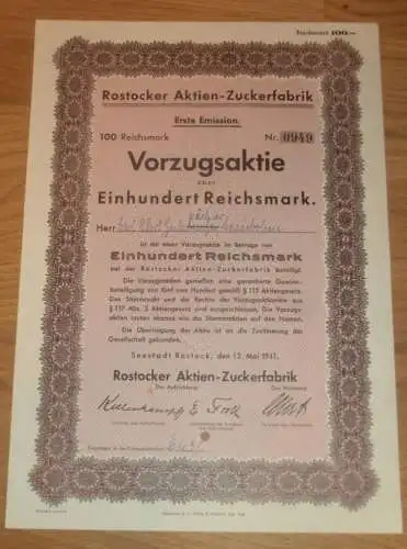Aktie der Zuckerfabrik Rostock 1941 , Gutspächter Carl Ohrt in Kassebohm , 100 RM , Mecklenburg !!!