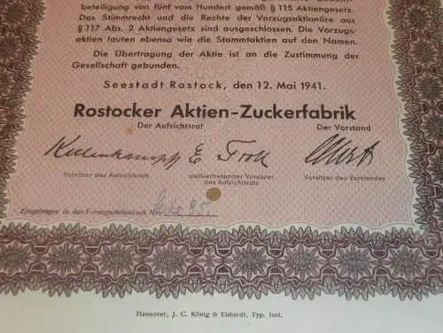 Aktie der Zuckerfabrik Rostock 1941 , Gutspächter Carl Ohrt in Kassebohm , 100 RM , Mecklenburg !!!