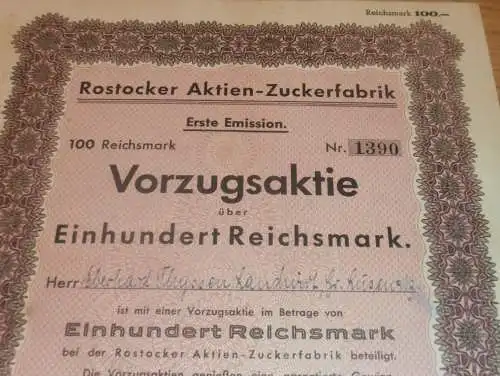 Aktie der Zuckerfabrik Rostock 1941 , Landwirt Eberhard Thyssen in Groß Lüsewitz , 100 RM , Mecklenburg !!!