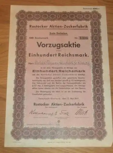 Aktie der Zuckerfabrik Rostock 1941 , Landwirt Eberhard Thyssen in Groß Lüsewitz , 100 RM , Mecklenburg !!!