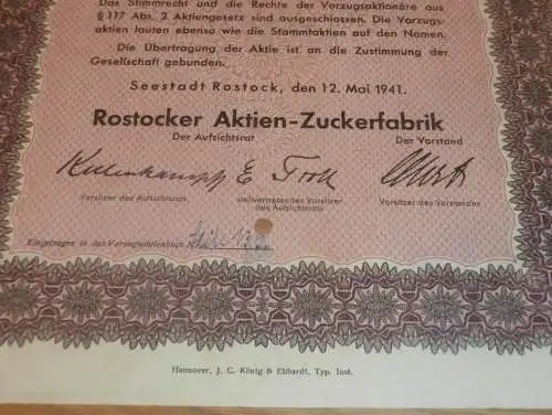 Aktie der Zuckerfabrik Rostock 1941 , Landwirt Eberhard Thyssen in Groß Lüsewitz , 100 RM , Mecklenburg !!!