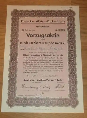 Aktie der Zuckerfabrik Rostock 1941 , Bäuerin Frieda Kucke in Broderstorf , 100 RM , Mecklenburg !!!