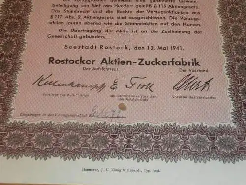 Aktie der Zuckerfabrik Rostock 1941 , Bäuerin Frieda Kucke in Broderstorf , 100 RM , Mecklenburg !!!