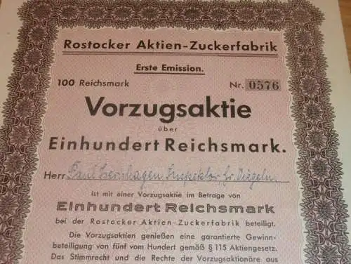 Aktie der Zuckerfabrik Rostock 1941 , Paul Isernhagen in Groß Viegeln , 100 RM , Mecklenburg !!