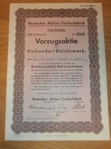 Aktie der Zuckerfabrik Rostock 1941 , Paul Isernhagen in Groß Viegeln , 100 RM , Mecklenburg !!
