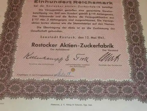 Aktie der Zuckerfabrik Rostock 1941 , Paul Isernhagen in Groß Viegeln , 100 RM , Mecklenburg !!
