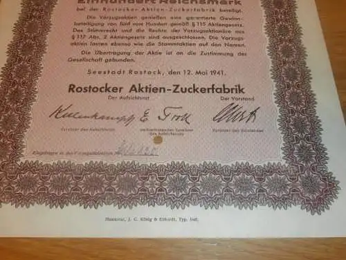 Aktie der Zuckerfabrik Rostock 1941 , Fabrikdirektor Hans Schulze , 100 RM , Mecklenburg !!