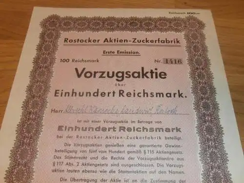 Aktie der Zuckerfabrik Rostock 1941 , Albrecht Warnecke , Landwirt in Rostock , 100 RM , Mecklenburg !!