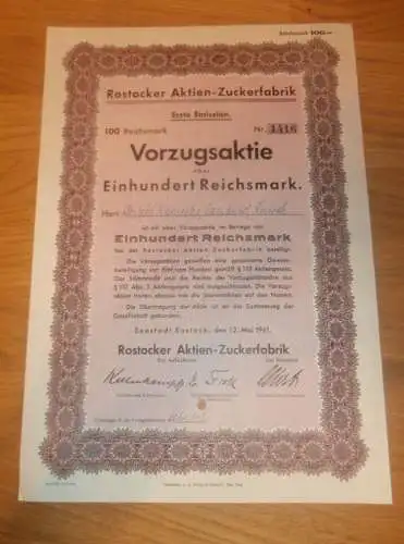 Aktie der Zuckerfabrik Rostock 1941 , Albrecht Warnecke , Landwirt in Rostock , 100 RM , Mecklenburg !!