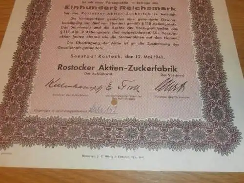 Aktie der Zuckerfabrik Rostock 1941 , Albrecht Warnecke , Landwirt in Rostock , 100 RM , Mecklenburg !!
