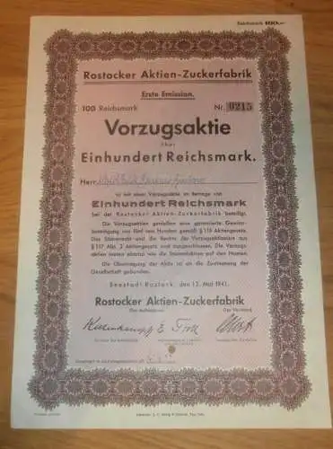 Aktie der Zuckerfabrik Rostock 1941 , Albert Fink in Güstrow , Rentner , 100 RM , Mecklenburg !!!