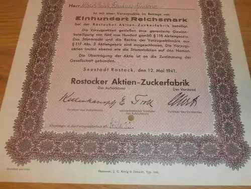 Aktie der Zuckerfabrik Rostock 1941 , Albert Fink in Güstrow , Rentner , 100 RM , Mecklenburg !!!