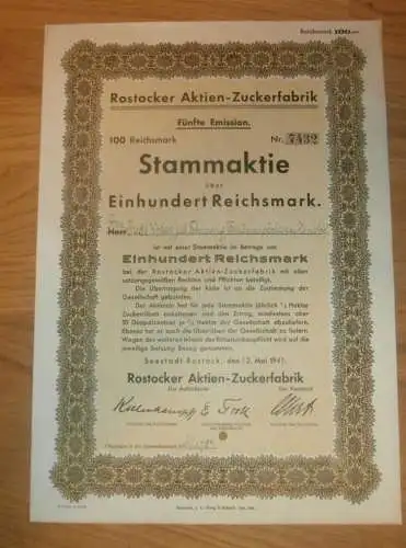 Aktie der Zuckerfabrik Rostock 1941 , Frieda Wodarg in Hanstorf b. Satow ,100 RM , Mecklenburg !!!