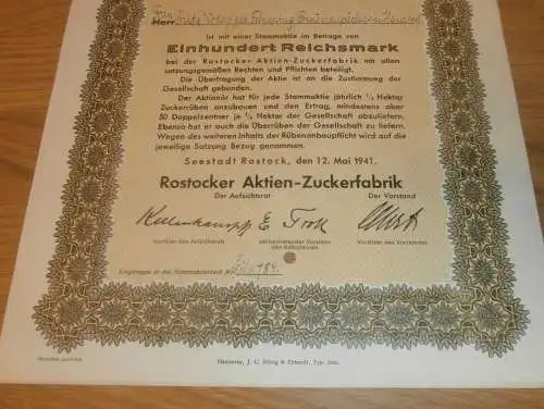 Aktie der Zuckerfabrik Rostock 1941 , Frieda Wodarg in Hanstorf b. Satow ,100 RM , Mecklenburg !!!