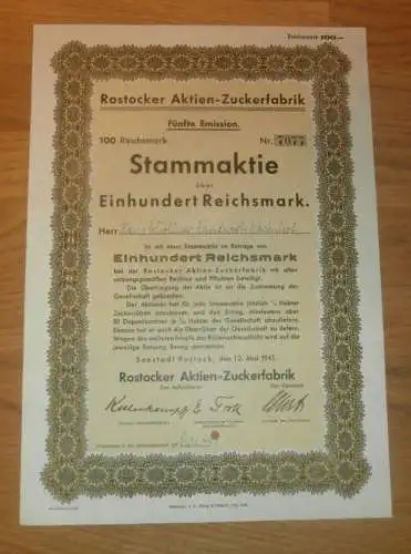 Aktie der Zuckerfabrik Rostock 1941 , Schöllner in Marienhof b. Fincken 100 RM , Mecklenburg !!!