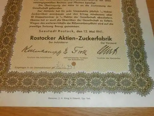 Aktie der Zuckerfabrik Rostock 1941 , Schöllner in Marienhof b. Fincken 100 RM , Mecklenburg !!!