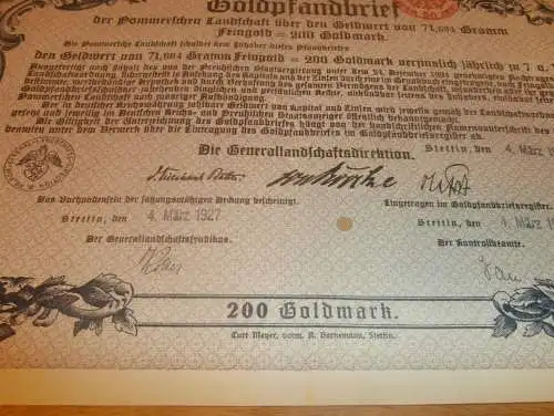 Goldpfandbrief Stettin / Pommern 1927 , 200 Goldmark , Gold !!