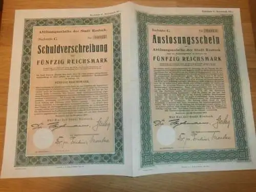 Stadt Rostock 1921 , Schuldverschreibung 50 RM , Anleihe , Mecklenburg !!!