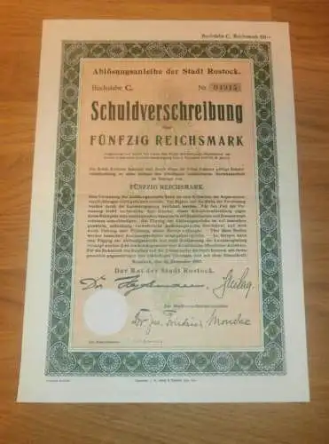 Stadt Rostock 1921 , Schuldverschreibung 50 RM , Anleihe , Mecklenburg !!!