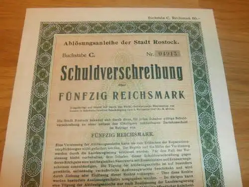 Stadt Rostock 1921 , Schuldverschreibung 50 RM , Anleihe , Mecklenburg !!!