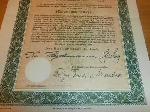 Stadt Rostock 1921 , Schuldverschreibung 50 RM , Anleihe , Mecklenburg !!!