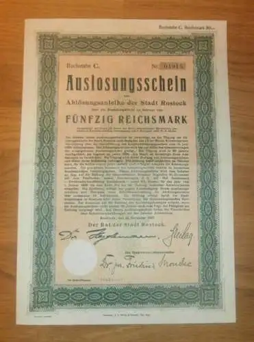 Stadt Rostock 1921 , Schuldverschreibung 50 RM , Anleihe , Mecklenburg !!!