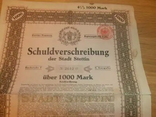 Stadt Stettin i. Pommern 1921 , Schuldverschreibung 1000 Mark , Anlehe !!!