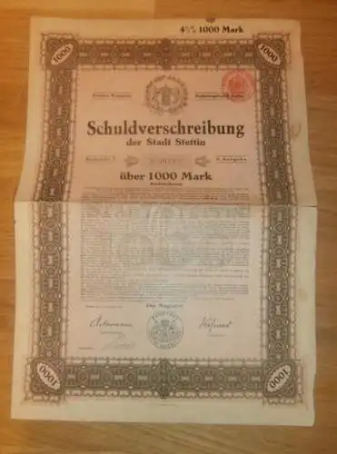 Stadt Stettin i. Pommern 1921 , Schuldverschreibung 1000 Mark , Anlehe !!!