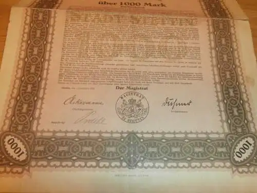 Stadt Stettin i. Pommern 1921 , Schuldverschreibung 1000 Mark , Anlehe !!!