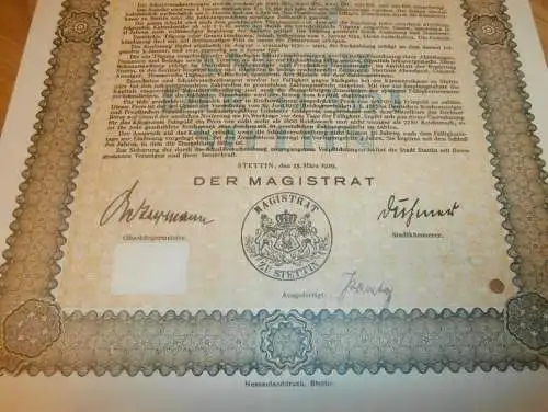 Stadt Stettin i. Pommern - 5000 RM Schuldverschreibung 1929 , Goldanleihe 8% , Anleihe !!!