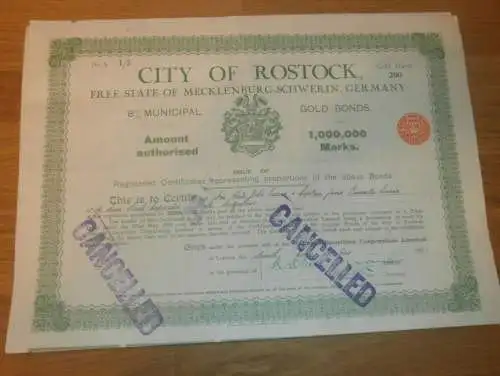 Anleihe / Schuldverschreibung , 200 Goldmark , Gold Bonds , City of Rostock 1931 , Mecklenburg !!!