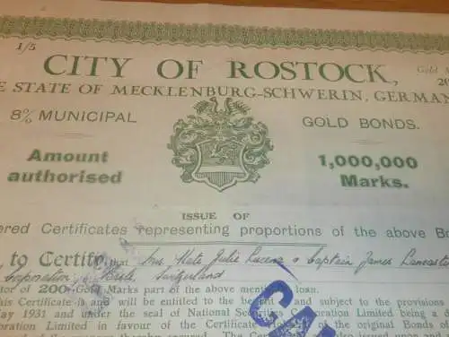 Anleihe / Schuldverschreibung , 200 Goldmark , Gold Bonds , City of Rostock 1931 , Mecklenburg !!!