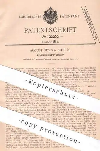 original Patent - August Liebig , Breslau , Polen , 1900 , Zusammenlegbarer Behälter | Kiste mit Deckel | Schachtel