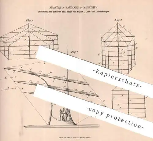 original Patent - Anastasia Baumann , München , 1899 , Entlasten u. Heben von Fahrzeugen zu Wasser , Land u. Luft !