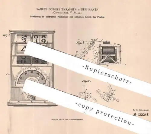 original Patent - Samuel Powers Thrasher , New Haven , Connecticut USA , 1900 , Pendel Antrieb an Pendeluhr | Uhr Uhren