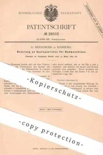 original Patent - G. Neidlinger , Hamburg , 1884 , Spulapparat für Nähmaschinen | Nähmaschine , Spule , Schneiderei !!