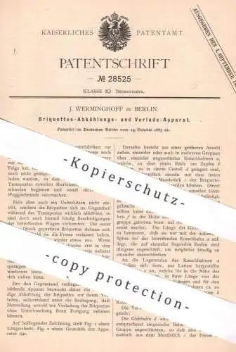 original Patent - J. Werminghoff , Berlin , 1883 , Apparat zum Abkühlen u. Verladen von Briquettes | Brikett Kohle Koks