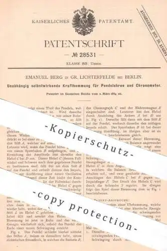 original Patent - Emanuel Berg , Berlin / Gr. Lichterfelde , 1884 , Krafthemmung für Pendeluhr & Chronometer | Uhr Uhren