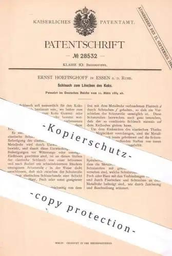 original Patent - Ernst Hoefinghoff , Essen / Ruhr , 1884 , Schlauch zum Löschen des Koks | Kohle , Brennstoff , Pech !!