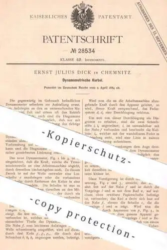 original Patent - Ernst Julius Dick, Chemnitz , 1884 , Dynamometrische Kurbel | Dynamo , Dynamometer , Maschinen , Motor