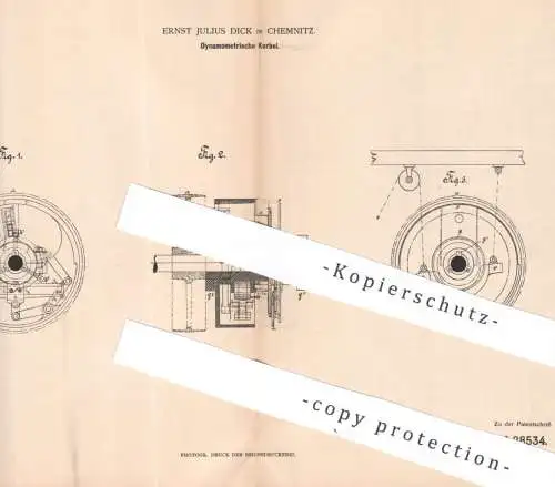 original Patent - Ernst Julius Dick, Chemnitz , 1884 , Dynamometrische Kurbel | Dynamo , Dynamometer , Maschinen , Motor